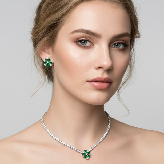 Elegant Rhodium-Plated Copper Zircon Jewelry Set with Floral Green Gemstone Center and Micro-Pave Detailing