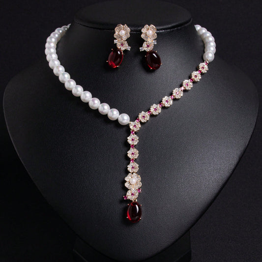 3pcs/Set Multi-Color Options, Women's Jewelry, Pearl Necklace, Pearl Jewelry Set, Handmade Beaded, Floral Shaped, Y2K Style, Cubic Zirconia Inlaid, Fashion Earrings, Necklace, Necklace Set, Suitable For Women's Holiday|Party|Banquet Wear, Women's Fashion