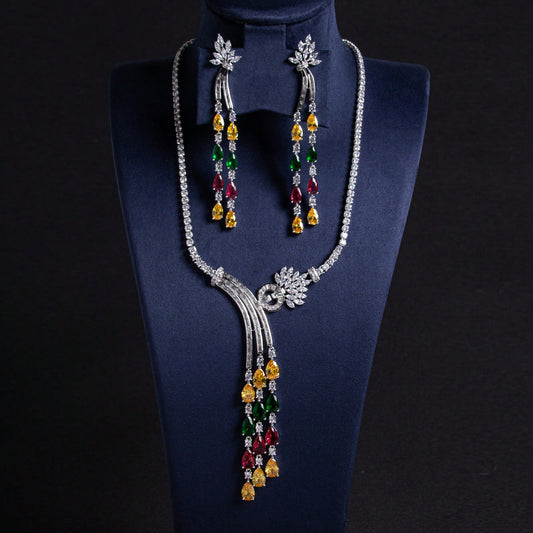 3pcs/Set Colorful/Silver/Multi-Color Options, Women Necklace/Women Accessories/Diamond Necklace, Women Jewelry/Jewelry Set/Accessories Set, Inlaid Zirconia, Tassel, Earrings, Necklace, Combination Jewelry, Necklace Set, Suitable For Women's Holiday Party,