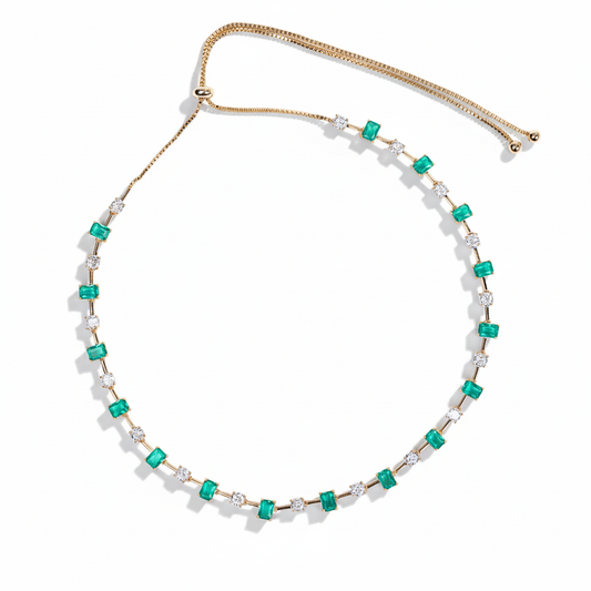 Adjustable Green Gemstone & Zircon Copper Choker Necklace with Square-Cut Accents