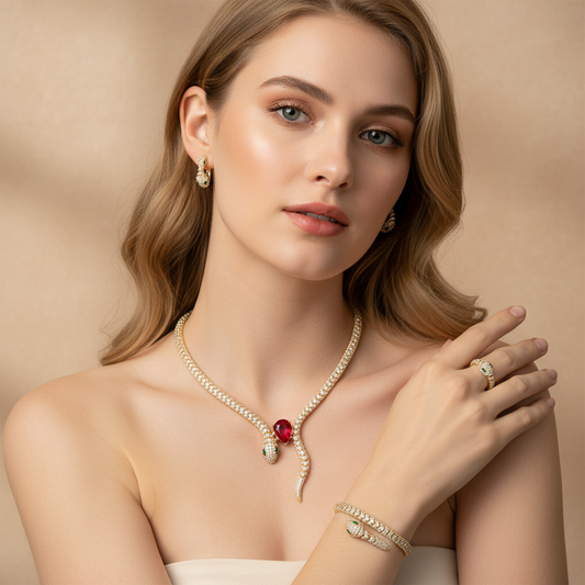 Luxury 14K Gold-Plated Copper Snake Jewelry Set with Zircon and Emerald & Ruby Accents