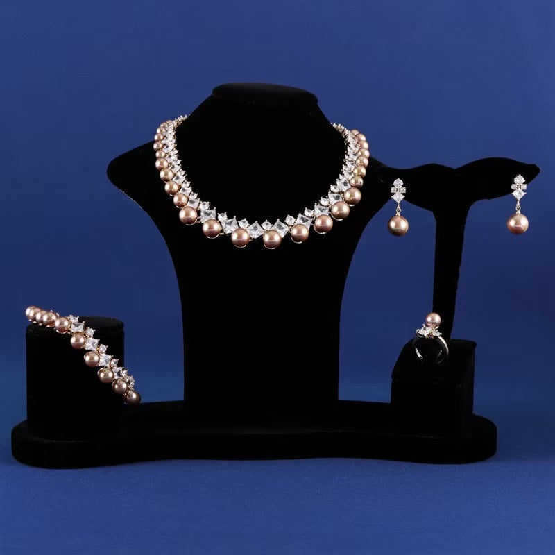 Royal AAA Cubic Zircon Bridal Jewelry Sets Pearls Statement 4pcs Necklace Earrings Sets Women Hot Sale