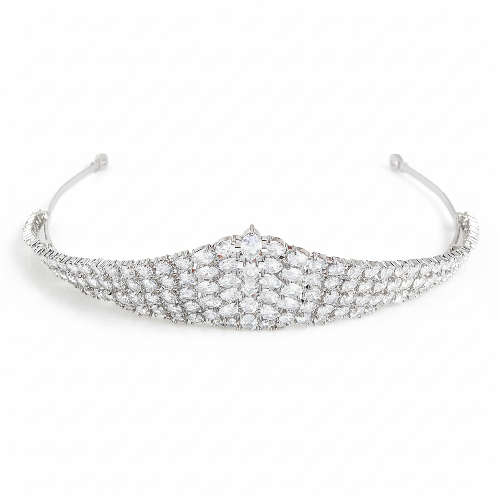Regal Rhodium-Plated Copper Tiara with Multi-Cut Cubic Zirconia & Floral-Inspired Architecture for Bridal Elegance & Formal Galas