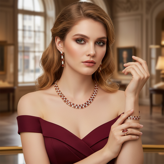 14K Gold-Plated Copper Zircon Jewelry Set with Red & White CZ Alternating Design