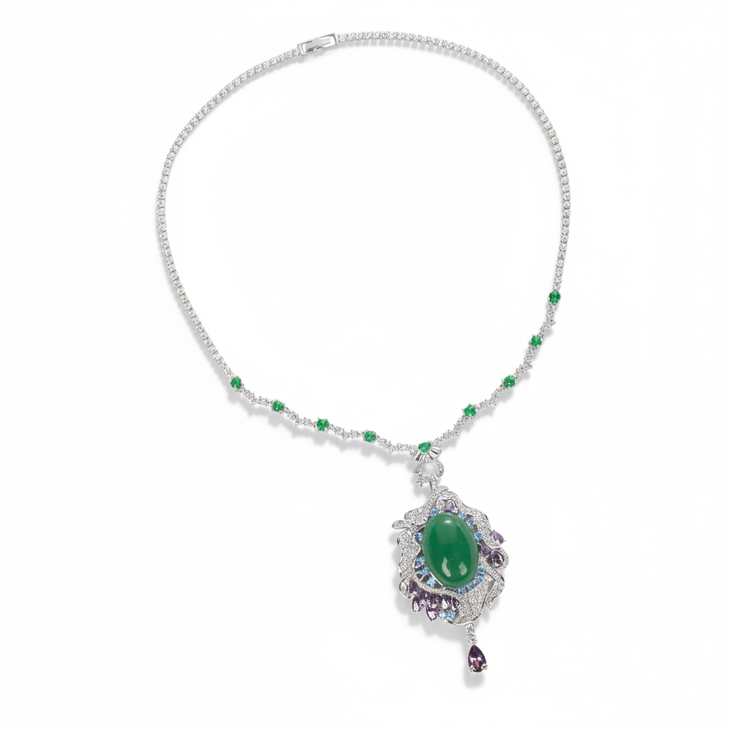Vintage-Inspired Green Zircon & Purple Gemstone Copper Statement Necklace with Elaborate Pendant