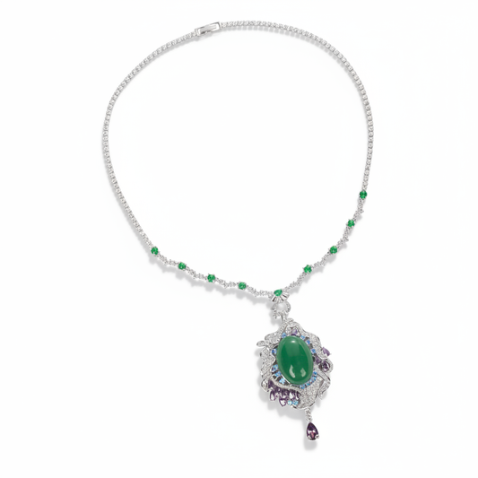 Vintage-Inspired Green Zircon & Purple Gemstone Copper Statement Necklace with Elaborate Pendant