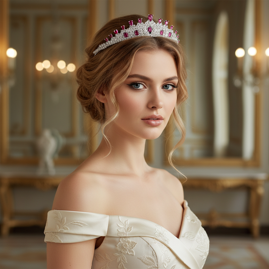 Rhodium-Plated Copper Tiara with Red Zircon Accents and Crystalline Detailing
