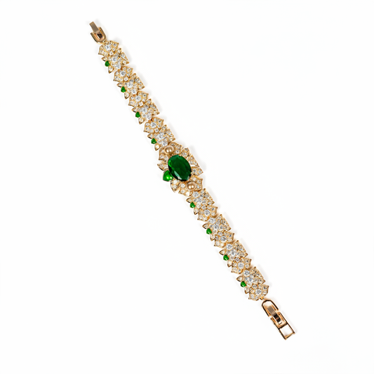 Luxury 14K Gold-Tone Copper Zircon Bracelet with Emerald Green Centerpiece & Diamond-Accented Setting