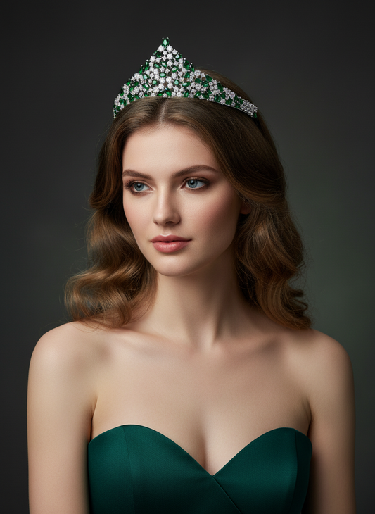 Regal Rhodium-Plated Copper Tiara with White & Emerald Zirconia and Floral Motifs