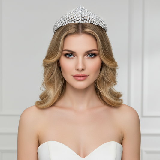 Regal Rhodium-Plated Copper Tiara with Multi-Cut Cubic Zirconia & Floral-Inspired Architecture for Bridal Elegance & Formal Galas