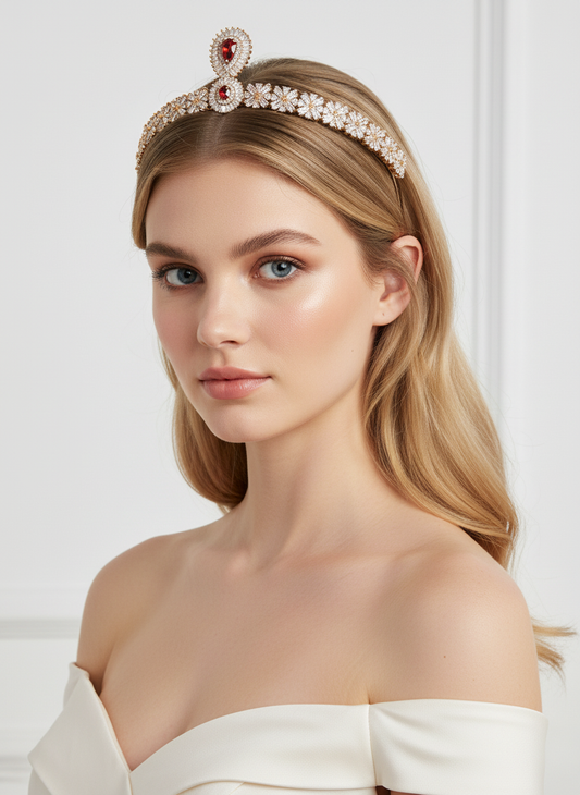 Regal 14K Gold-Tone Copper Tiara with Pear-Cut Red Zircon Center and Floral Crystal Accents