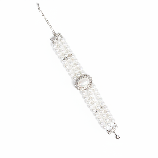 Triple-Layer Pearl Bracelet with Round Cubic Zirconia Halo & Adjustable Silver Clasp