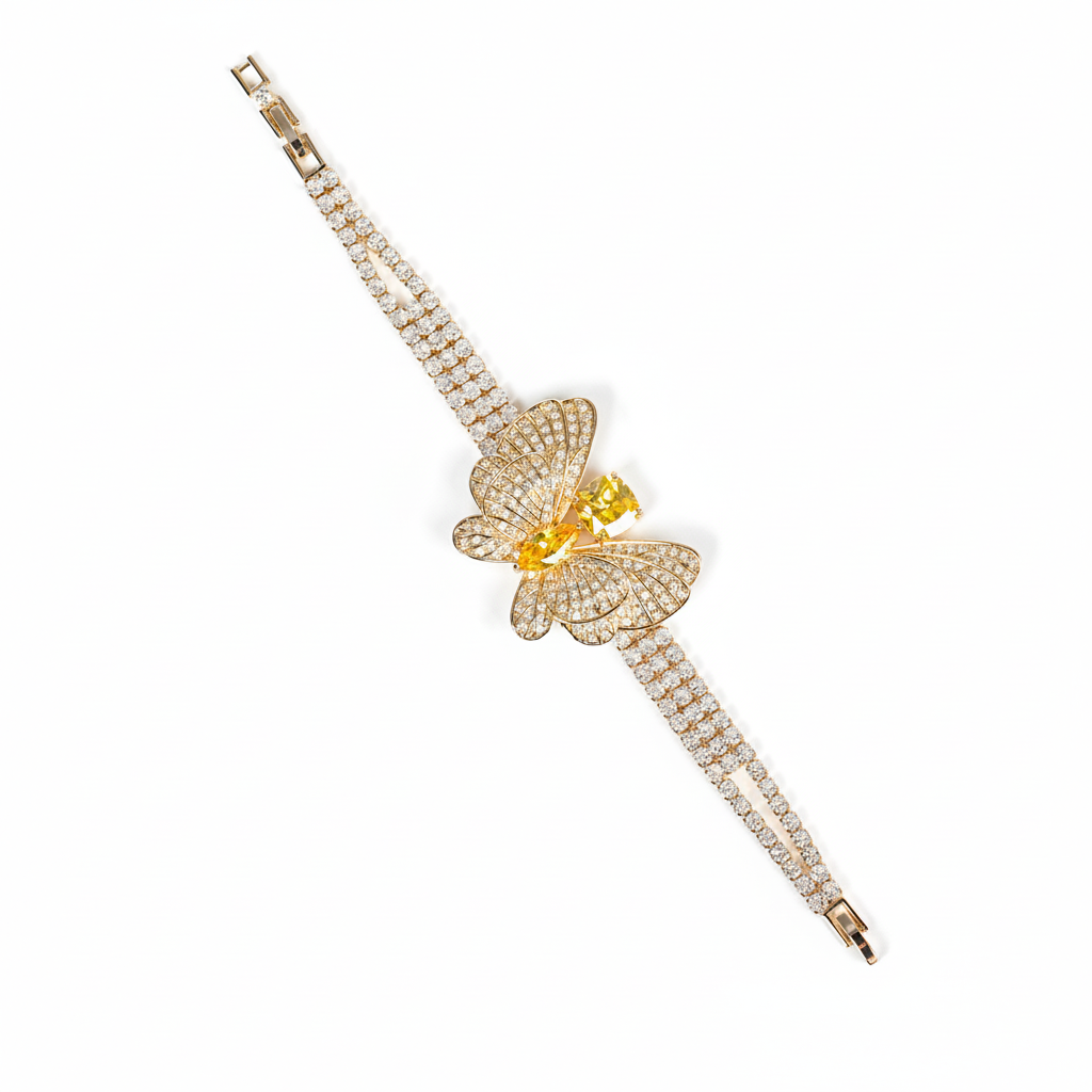 Butterfly Elegance:14K Gold-Tone Copper & Zircon Bracelet with Yellow Zircon Full Diamond Stone Paved Bracelets Women