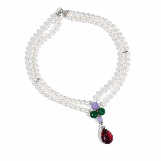 Double-Strand Pearl Necklace with Multicolor Gemstones & Copper CZ Pendant
