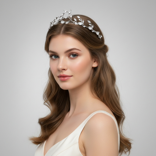 Elegant Rhodium-Plated Copper Tiara with Marquise & Pear-Cut Cubic Zirconia Floral Vine Design