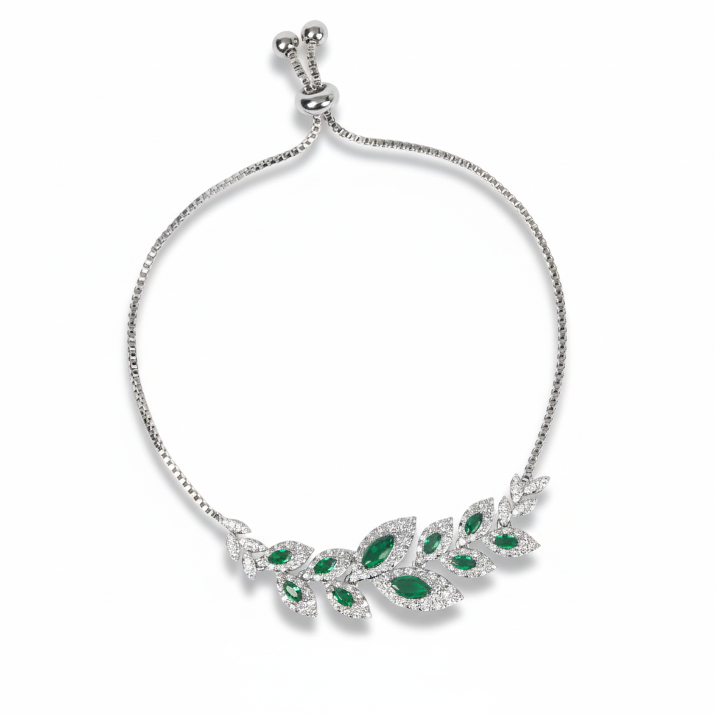 Nature-Inspired Leaf Design Copper Bracelet with Green & White Zircon Accents