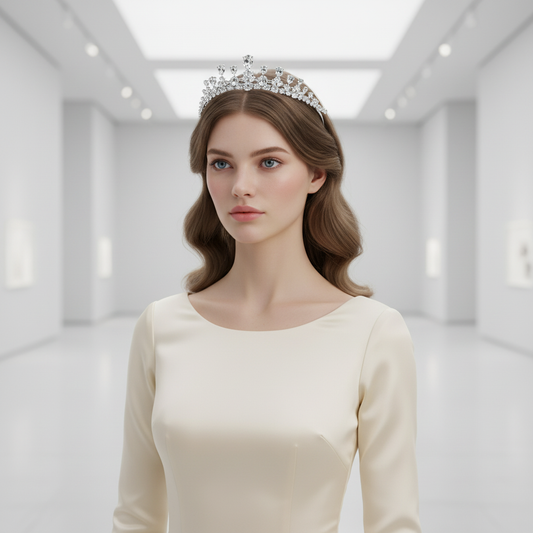 Rhodium-Plated Copper Tiara with Multi-Cut Cubic Zirconia for Bridal & Formal Events