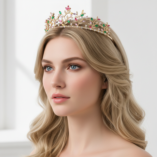 Romantic 14K Gold Plated Copper Tiara with Multicolor Zircon Floral Arrangement for Bridal & Special Events