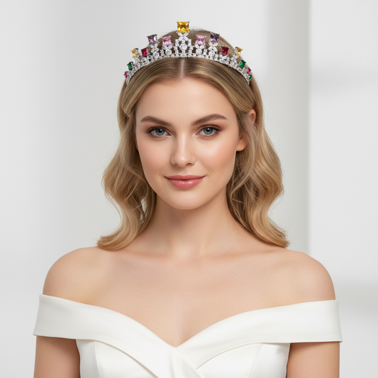 Elegant Rhodium-Plated Copper Tiara with Multi-Color Zircon Crystals for Bridal & Special Events