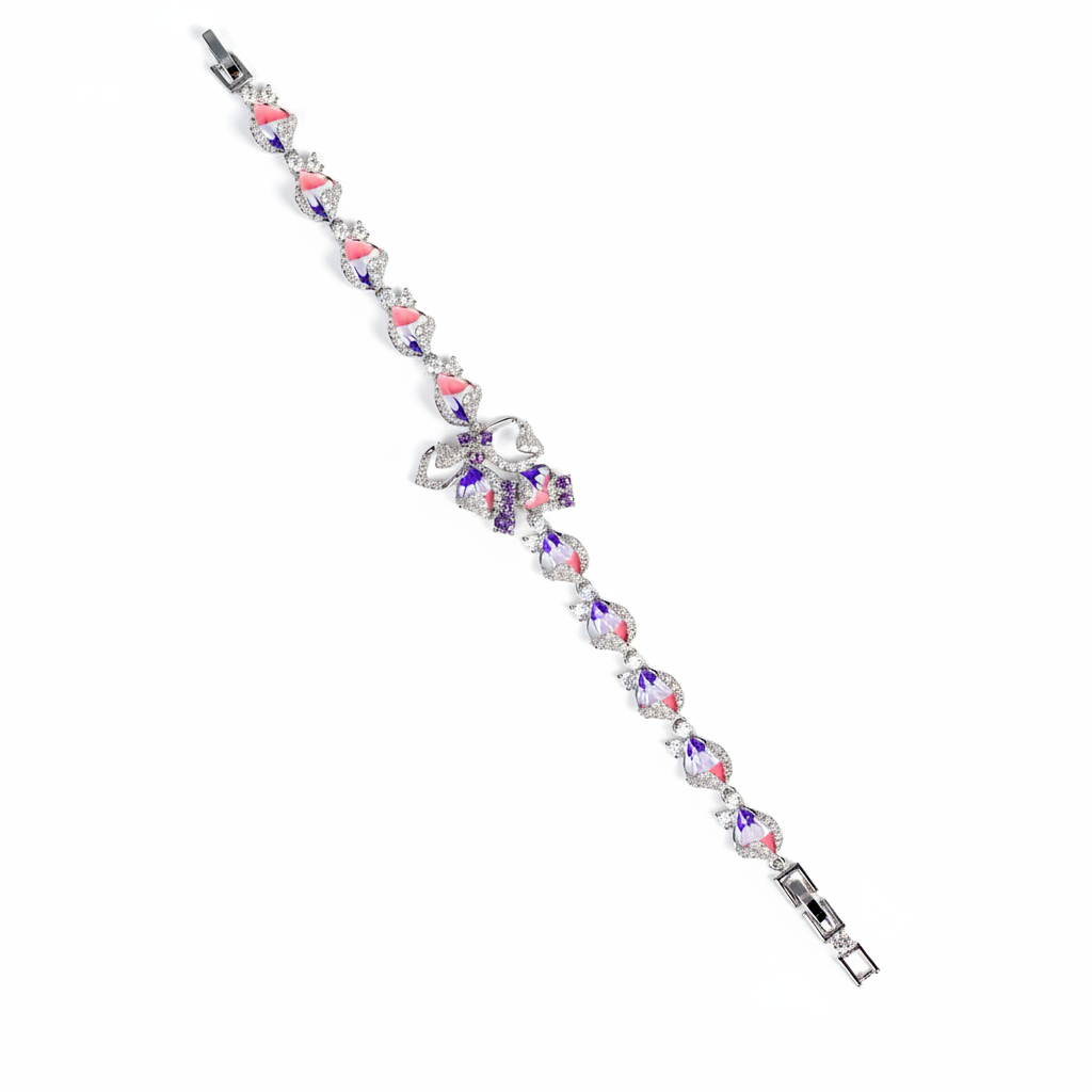 Crystal Floral Copper Bracelet with Pink-Purple Gradient & Diamond-Cut Zircon Halos for Romantic Occasions & Daily Elegant Wear