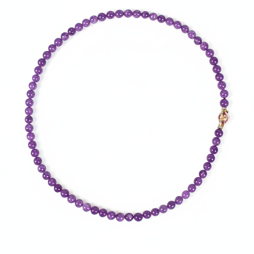 Elegant Amethyst Bead Necklace with Intricate Copper & Zirconia Clasp
