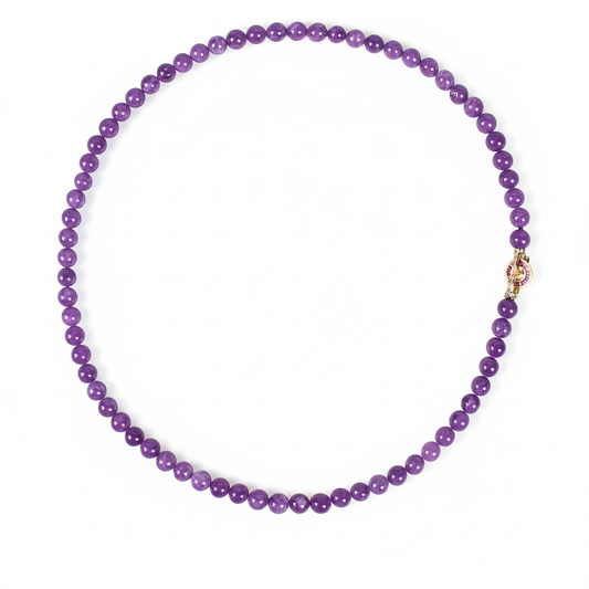 Elegant Amethyst Bead Necklace with Intricate Copper & Zirconia Clasp