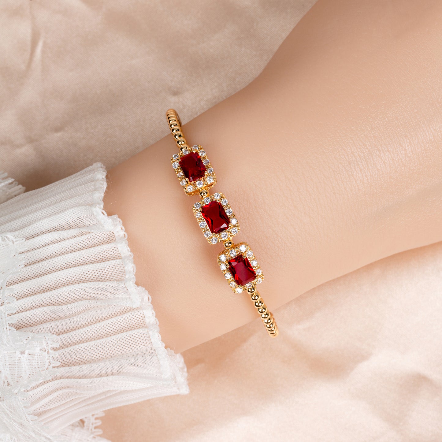 Regal Red Zircon & 14K Gold-Tone Copper Bracelet with Ornate Square Settings for Evening Glamour & Statement Gift-Giving