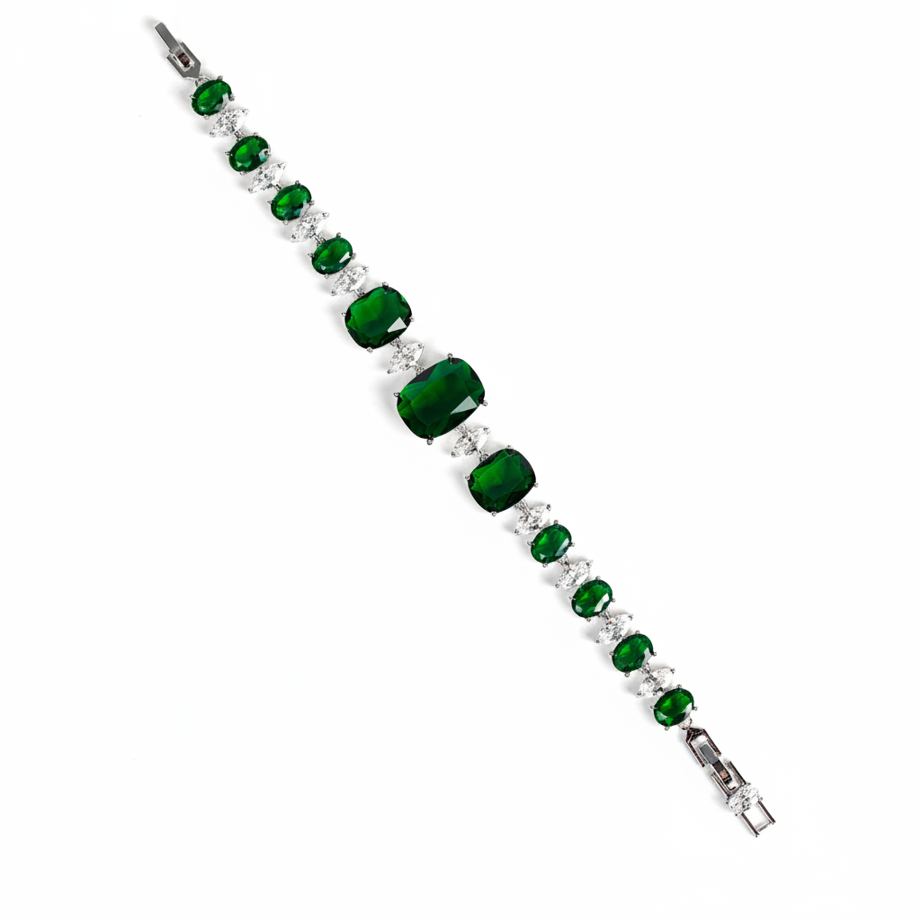 Green & White Zircon Copper Bracelet with Alternating Oval Stones and Silver Clasp for Everyday Elegance and Gift-Giving