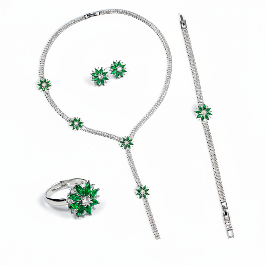 Elegant Rhodium-Plated Copper & CZ Jewelry Set with Emerald Green Accents and Floral Motifs