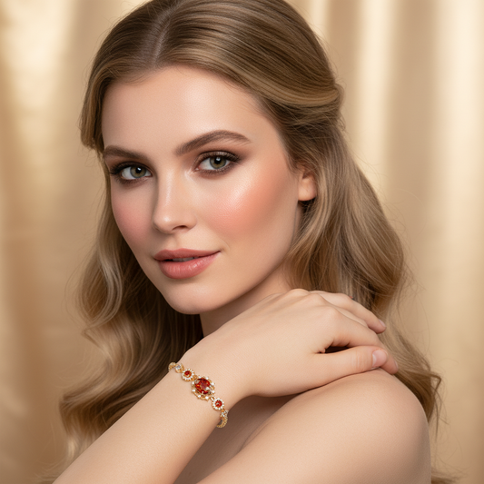 Adjustable 14K Gold-Plated Copper Bracelet with Caramel Zircon Halo & Diamond-Cut Chain