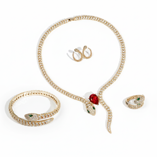 Luxury 14K Gold-Plated Copper Snake Jewelry Set with Zircon and Emerald & Ruby Accents