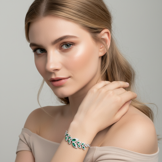 Nature-Inspired Leaf Design Copper Bracelet with Green & White Zircon Accents