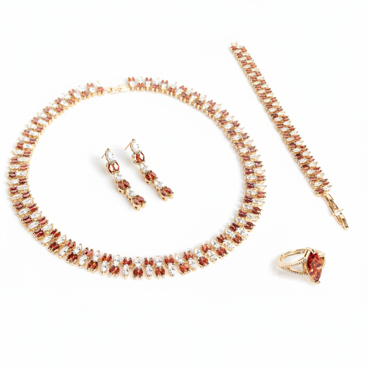 14K Gold-Plated Copper Zircon Jewelry Set with Red & White CZ Alternating Design