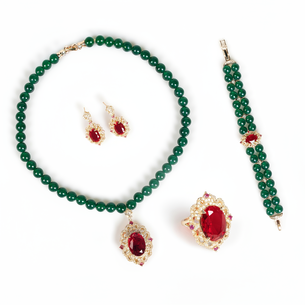 Luxury 14K Gold-Plated Copper Zircon Jewelry Set with Emerald Beads & Ruby Focal Gems Beaded Charm Pendant 4pcs/1sets