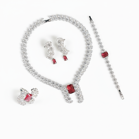 Elegant Rhodium-Plated Copper & CZ Jewelry Set with Red Gemstone Focal Points and All-Over Crystal Accents
