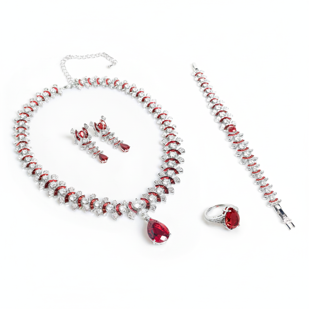 Elegant Rhodium-Plated Copper & CZ Jewelry Set with Red Zircon Focal Points and All-Over Crystal Accents