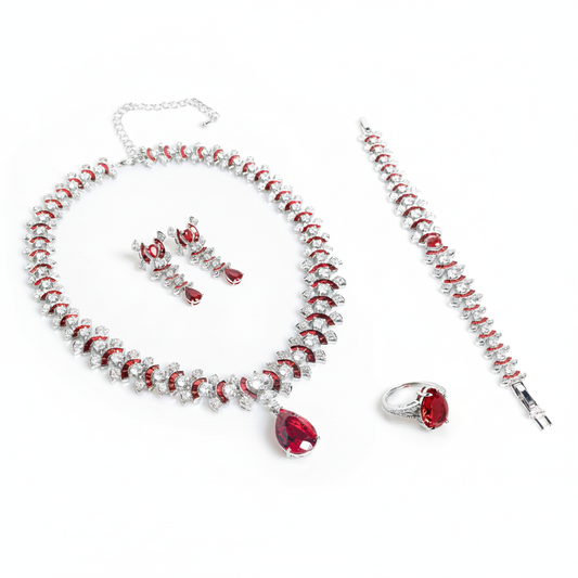 Elegant Rhodium-Plated Copper & CZ Jewelry Set with Red Zircon Focal Points and All-Over Crystal Accents