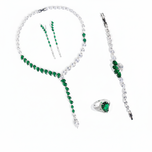 Elegant Rhodium-Plated Copper & Zircon Jewelry Set with Green Teardrop Gems and Pearl Accents