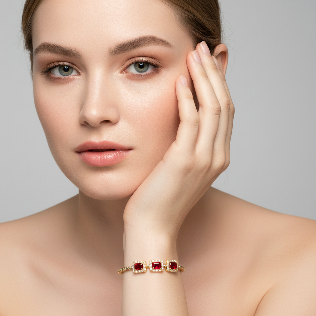 Regal Red Zircon & 14K Gold-Tone Copper Bracelet with Ornate Square Settings for Evening Glamour & Statement Gift-Giving