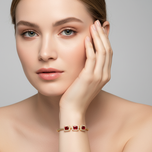 Regal Red Zircon & 14K Gold-Tone Copper Bracelet with Ornate Square Settings for Evening Glamour & Statement Gift-Giving