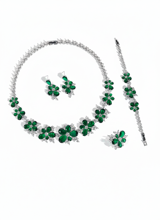 Elegant Rhodium-Plated Copper Floral Jewelry Set with Green Zircon Blossoms and Micro-Pave Crystal Accents
