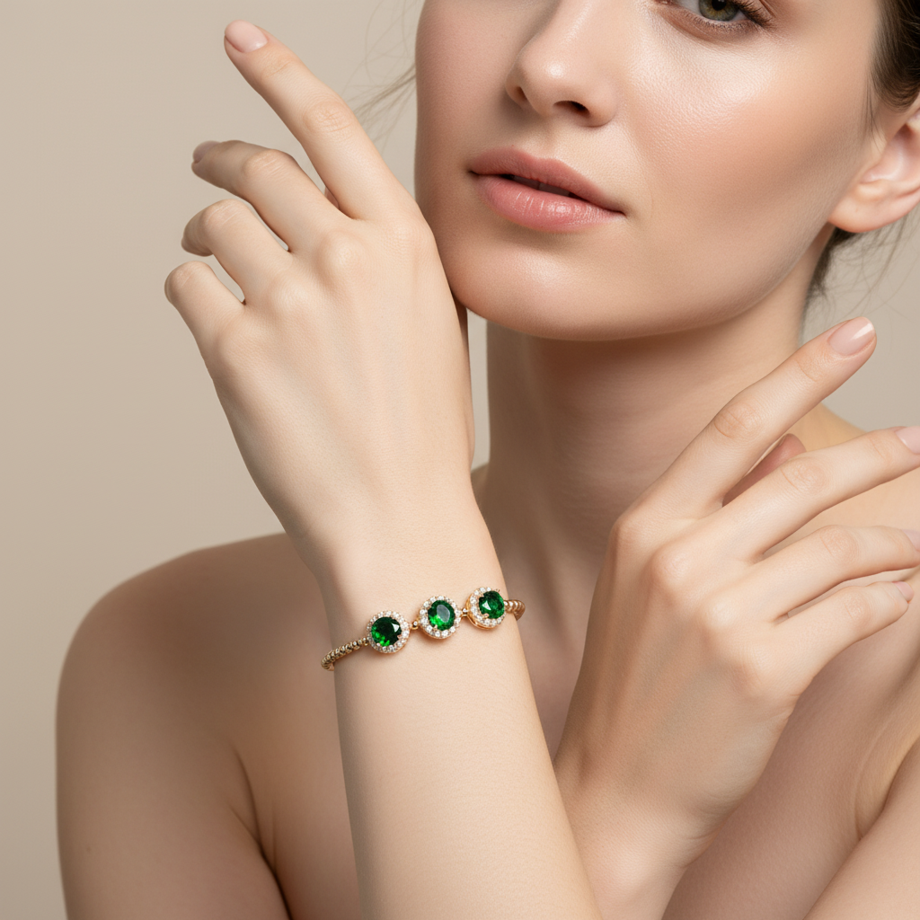 14K Golden Copper Beaded Bracelet with Green Gemstone Centers and Zircon Floral Halos for Elegant Daily Wear & Gift-Giving Occasions
