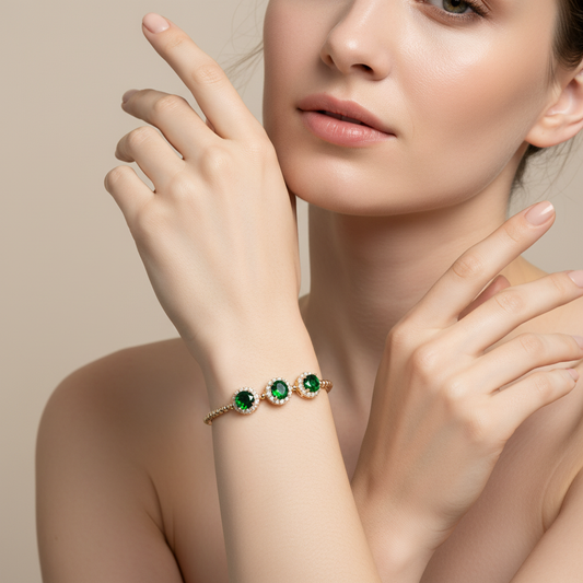 14K Golden Copper Beaded Bracelet with Green Gemstone Centers and Zircon Floral Halos for Elegant Daily Wear & Gift-Giving Occasions