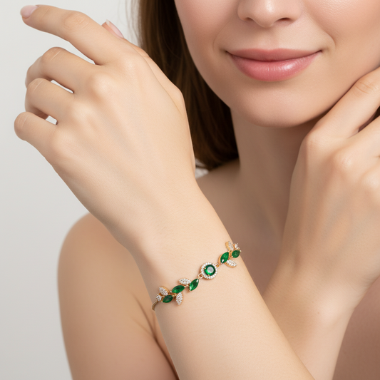 Nature-Inspired Leaf & Berry Copper Bracelet with Green/White Zircon Accents & Adjustable Chain