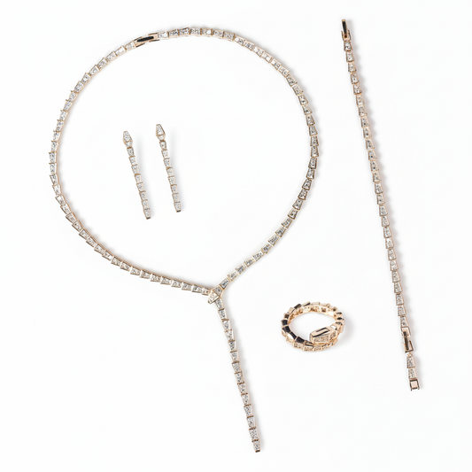 14K Gold-Plated Copper CZ Jewelry Set with Y-Necklace & Matching 4-Piece Collection