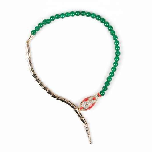 Serpentine Elegance: 14K Gold-Tone Copper Snake Necklace with Zircon & Red Gemstone Accents