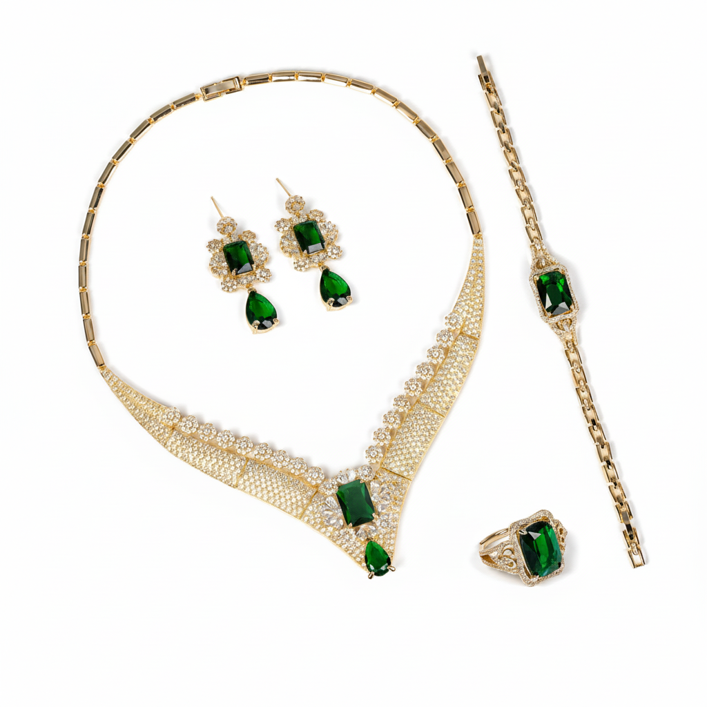 Luxury 14K Gold-Plated Copper & CZ Set with Emerald Green Gemstones and V-Necklace Design