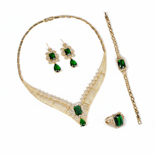 Luxury 14K Gold-Plated Copper & CZ Set with Emerald Green Gemstones and V-Necklace Design