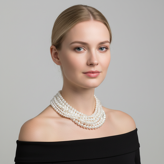 Six-Layer Classic Pearl Necklace with Silver-Tone Clasp & Adjustable Chain