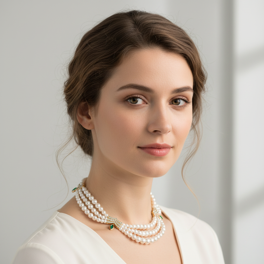 Triple-Layer Pearl Statement Necklace with 14K Gold-Tone Copper Settings & Zircon-Green Gem Fancy Pearl Jewelries For Women Wholesale